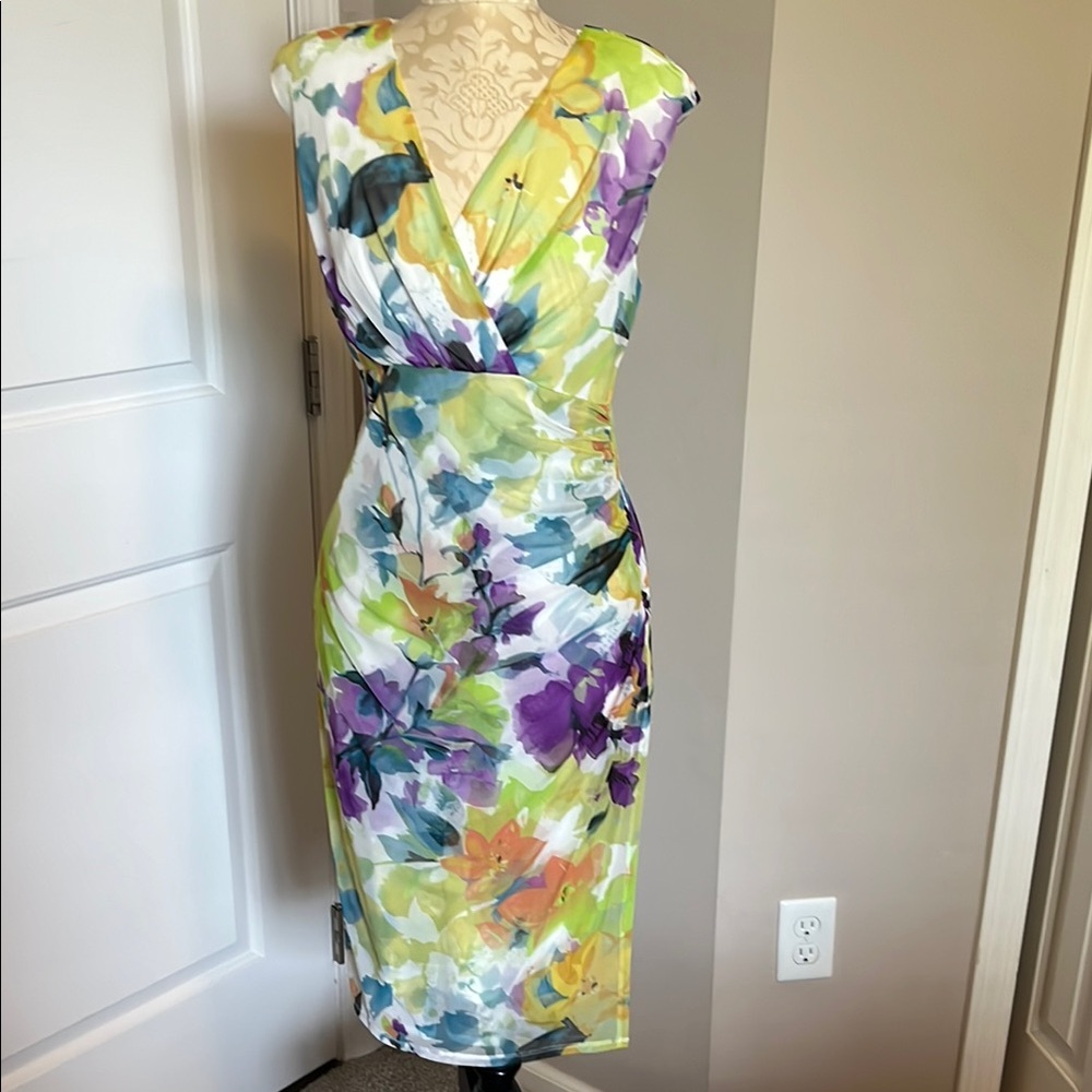 London Style Purple and Yellow Sheath Midi Dress V-neck Sleeveless